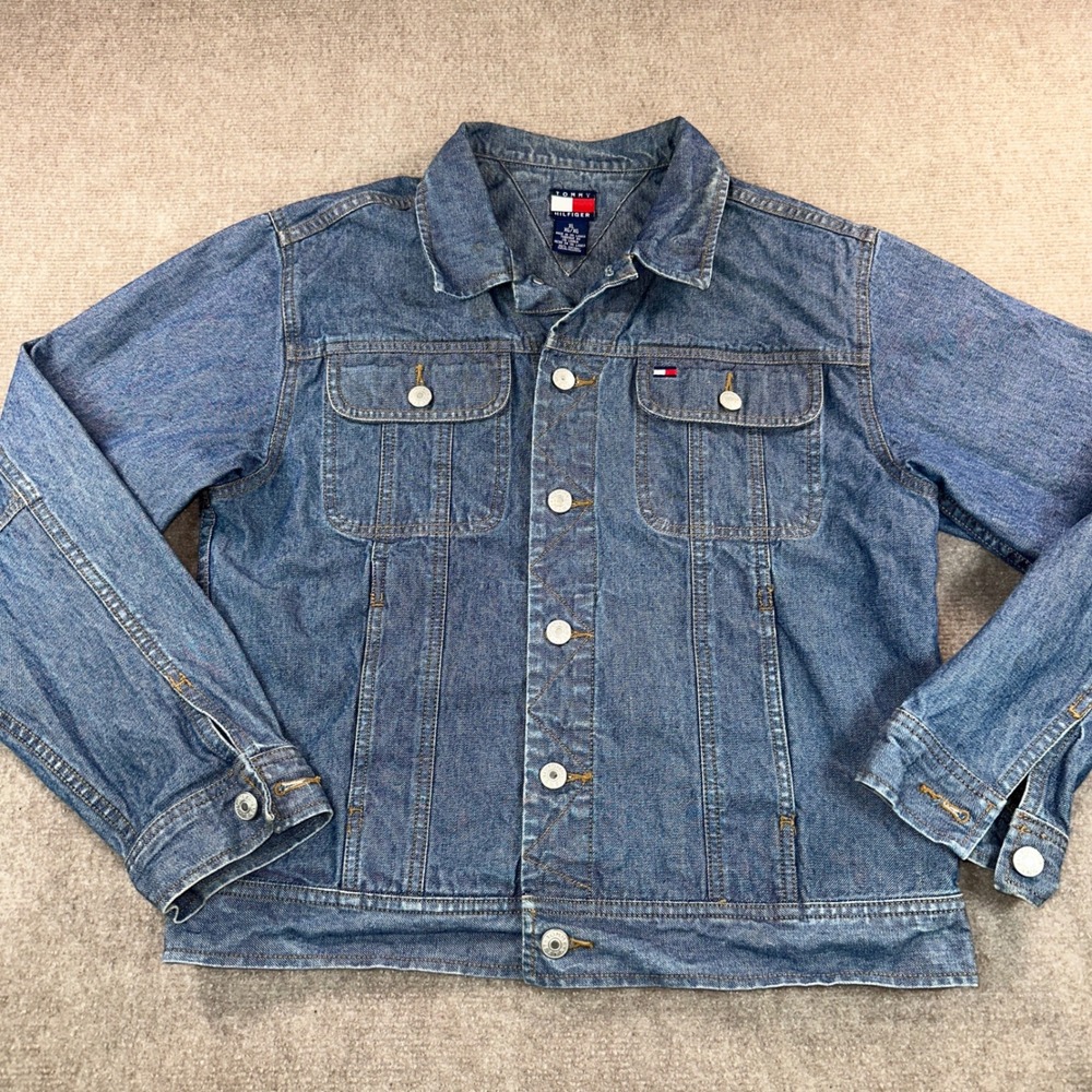 Tommy Hilfiger Mens XL Denim Trucker Jacket Medium Wash Blue Cotton Flag Logo